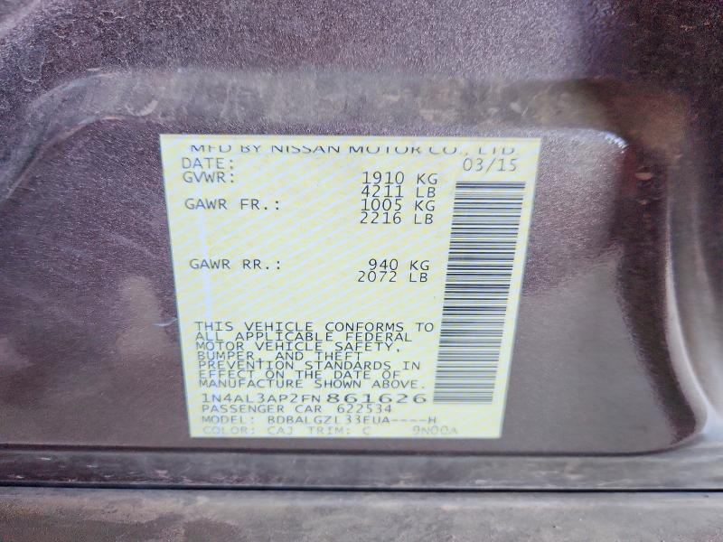 2015 Nissan Altima მანქანა იყიდება აუქციონზე, vin: 1N4AL3AP2FN861626, აუქციონის ნომერი: 52905736