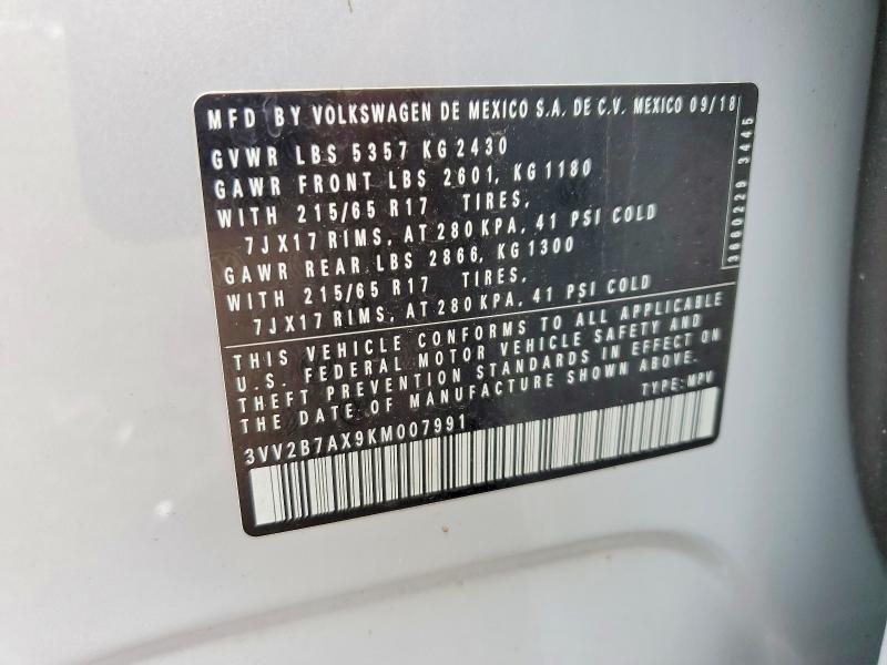 Продаж на аукціоні авто 2019 Volkswagen Tiguan, vin: 3VV2B7AX9KM007991, номер лоту: 54218396