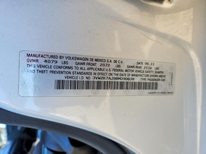 2011 Volkswagen Jetta მანქანა იყიდება აუქციონზე, vin: 3VW2K7AJ9BM390838, აუქციონის ნომერი: 51754666