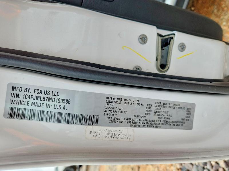 54727466 :رقم المزاد ، 1C4PJMLB7MD190586 vin ، 2021 Jeep Cherokee مزاد بيع