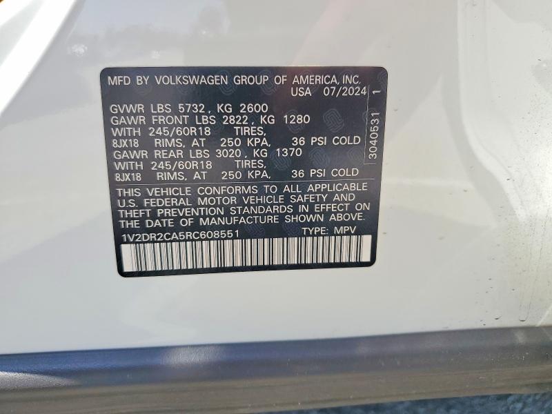 Продажа на аукционе авто 2024 Volkswagen Atlas, vin: 1V2DR2CA5RC608551, номер лота: 52756666