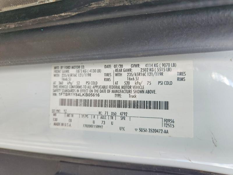 2020 Ford Transit მანქანა იყიდება აუქციონზე, vin: 1FTBR1Y84LKB05616, აუქციონის ნომერი: 53933706