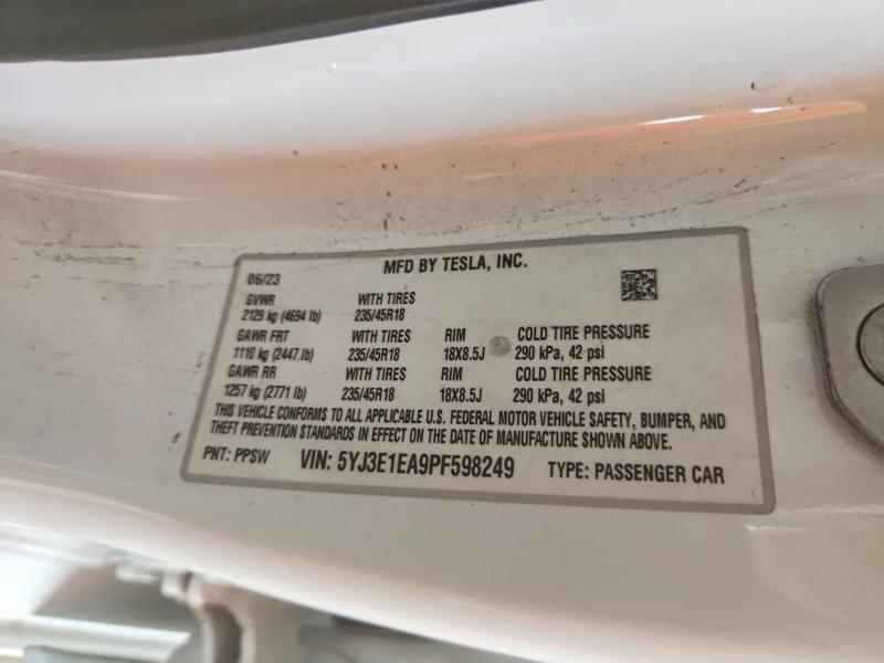 2023 Tesla Model 3 მანქანა იყიდება აუქციონზე, vin: 5YJ3E1EA9PF598249, აუქციონის ნომერი: 53062056