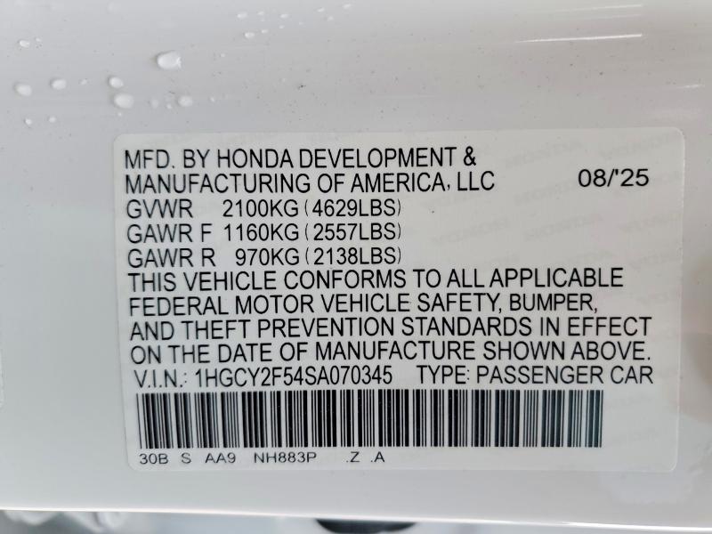 2025 Honda Accord მანქანა იყიდება აუქციონზე, vin: 1HGCY2F54SA070345, აუქციონის ნომერი: 52323486