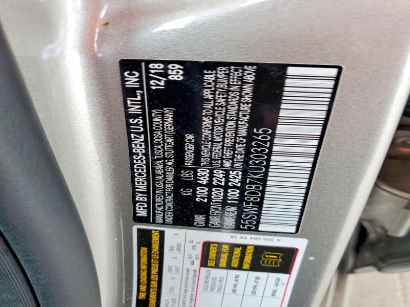 51456886 :رقم المزاد ، 55SWF8DB7KU303265 vin ، 2019 Mercedes-benz C مزاد بيع