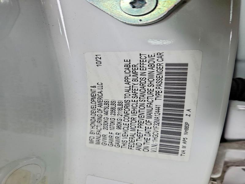 Aukcja sprzedaży 2021 Honda Accord, vin: 1HGCV1F32MA124441, numer aukcji: 53775846