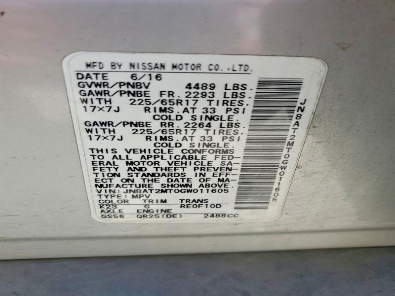53353366 :رقم المزاد ، JN8AT2MT0GW011605 vin ، 2016 Nissan Rogue مزاد بيع