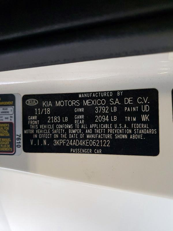 52387446 :رقم المزاد ، 3KPF24AD4KE062122 vin ، 2019 Kia Forte مزاد بيع
