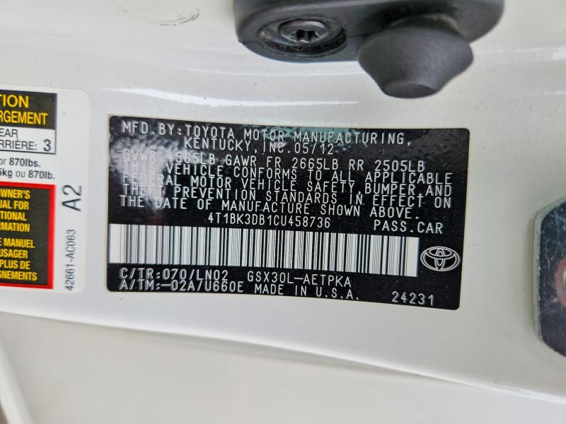 Aukcja sprzedaży 2012 Toyota Avalon, vin: 4T1BK3DB1CU458736, numer aukcji: 52365706