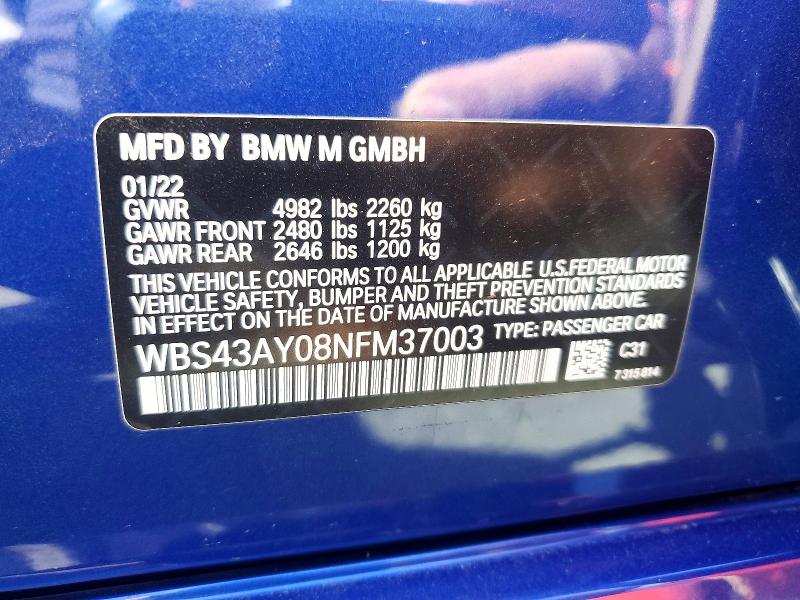 53129406 :رقم المزاد ، WBS43AY08NFM37003 vin ، 2022 Bmw M3 مزاد بيع