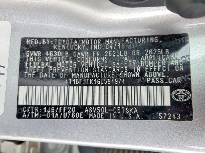 Aukcja sprzedaży 2016 Toyota Camry, vin: 4T1BF1FK1GU594974, numer aukcji: 53210206