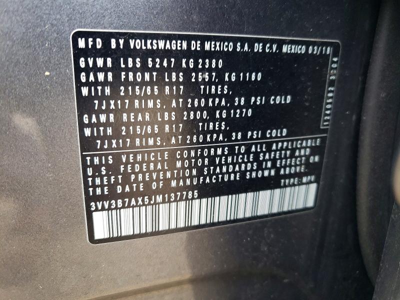 Aukcja sprzedaży 2018 Volkswagen Tiguan, vin: 3VV3B7AX5JM137785, numer aukcji: 52051256