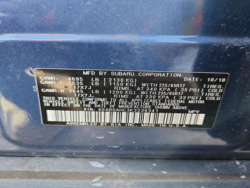 2019 Subaru Outback მანქანა იყიდება აუქციონზე, vin: 4S4BSAHC3K3236341, აუქციონის ნომერი: 51483826