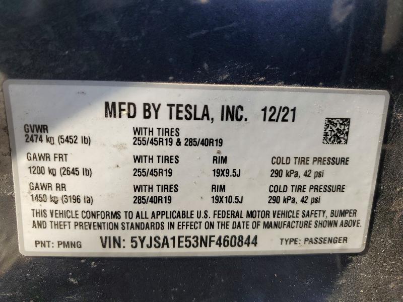 2022 Tesla Model S მანქანა იყიდება აუქციონზე, vin: 5YJSA1E53NF460844, აუქციონის ნომერი: 51919936