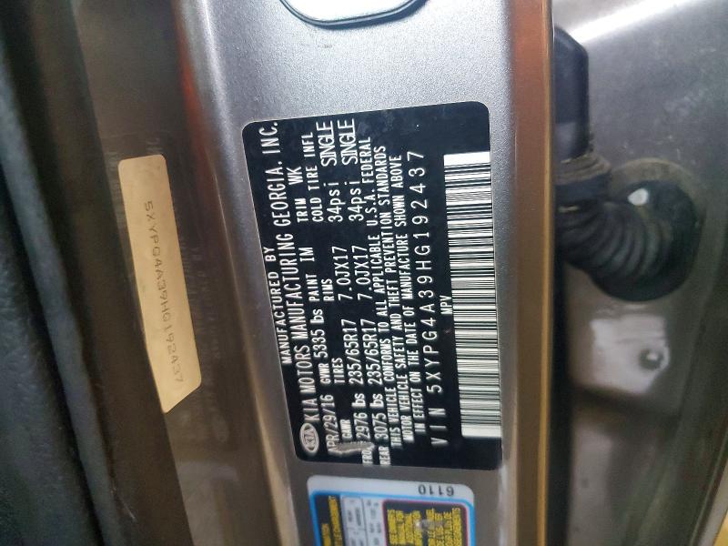 54847616 :رقم المزاد ، 5XYPG4A39HG192437 vin ، 2017 Kia Sorento مزاد بيع