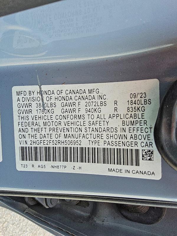 53327136 :رقم المزاد ، 2HGFE2F52RH506952 vin ، 2024 Honda Civic مزاد بيع
