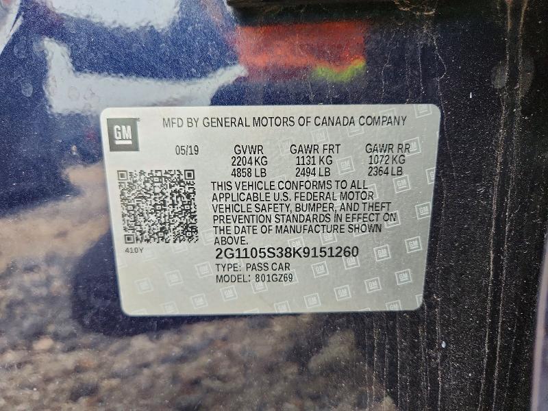 54708046 :رقم المزاد ، 2G1105S38K9151260 vin ، 2019 Chevrolet Impala مزاد بيع