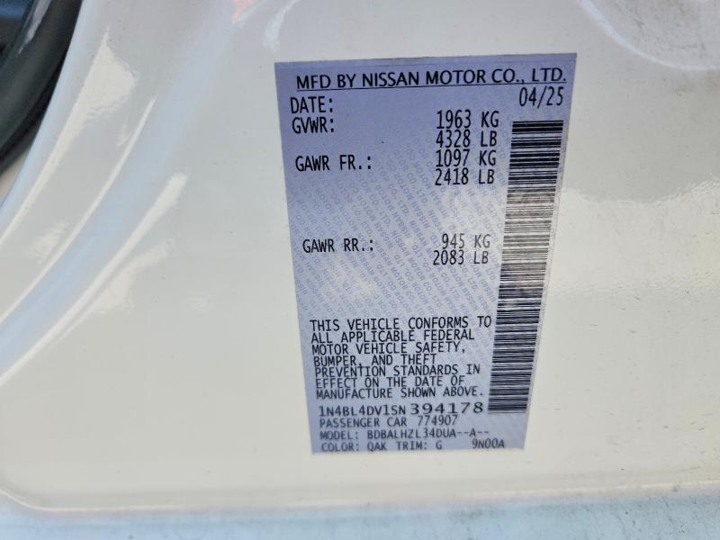 2025 Nissan Altima მანქანა იყიდება აუქციონზე, vin: 1N4BL4DV1SN394178, აუქციონის ნომერი: 53987376
