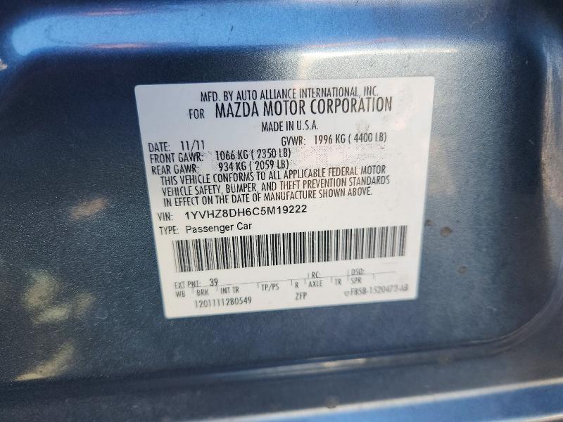 53427786 :رقم المزاد ، 1YVHZ8DH6C5M19222 vin ، 2012 Mazda 6 مزاد بيع
