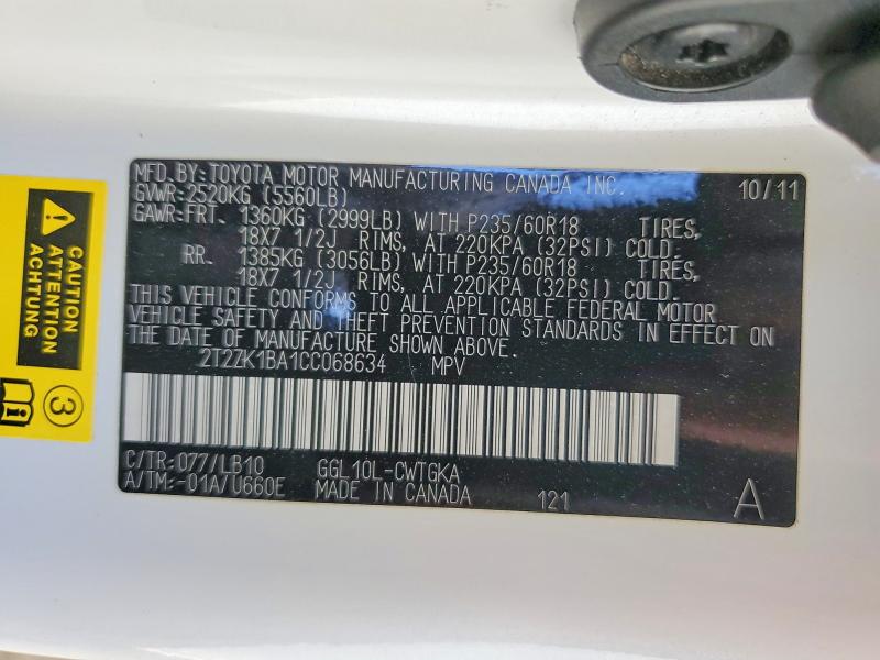 53771346 :رقم المزاد ، 2T2ZK1BA1CC068634 vin ، 2012 Lexus Rx مزاد بيع