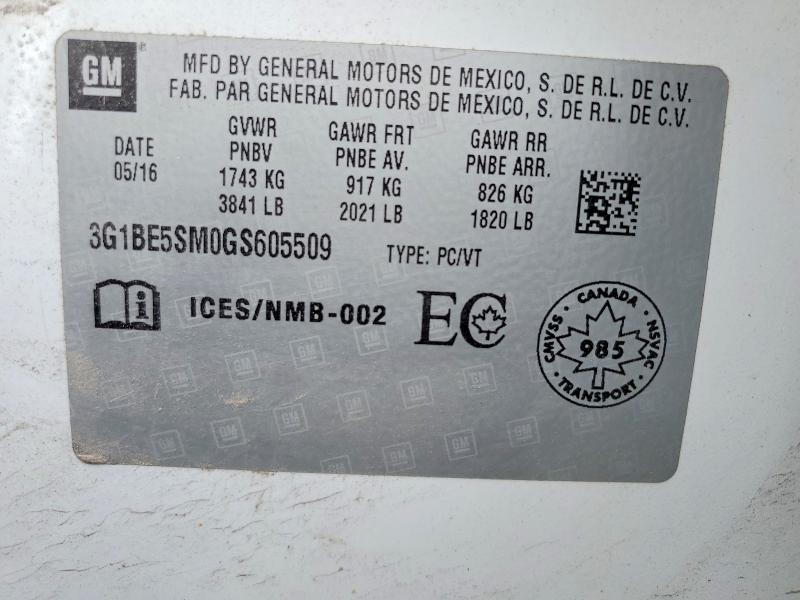 52836976 :رقم المزاد ، 3G1BE5SM0GS605509 vin ، 2016 Chevrolet Cruze مزاد بيع