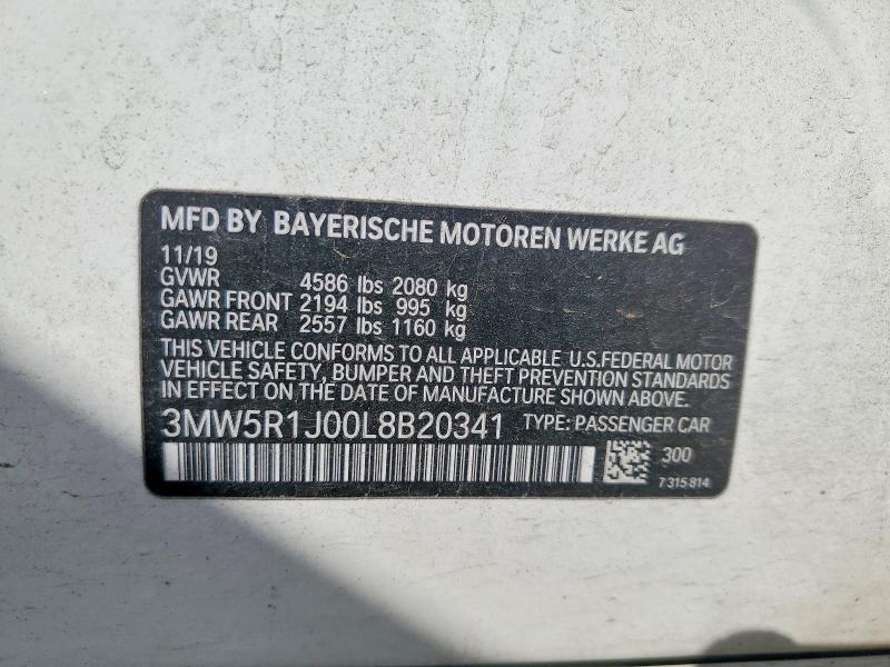 55173346 :رقم المزاد ، 3MW5R1J00L8B20341 vin ، 2020 Bmw 330i مزاد بيع