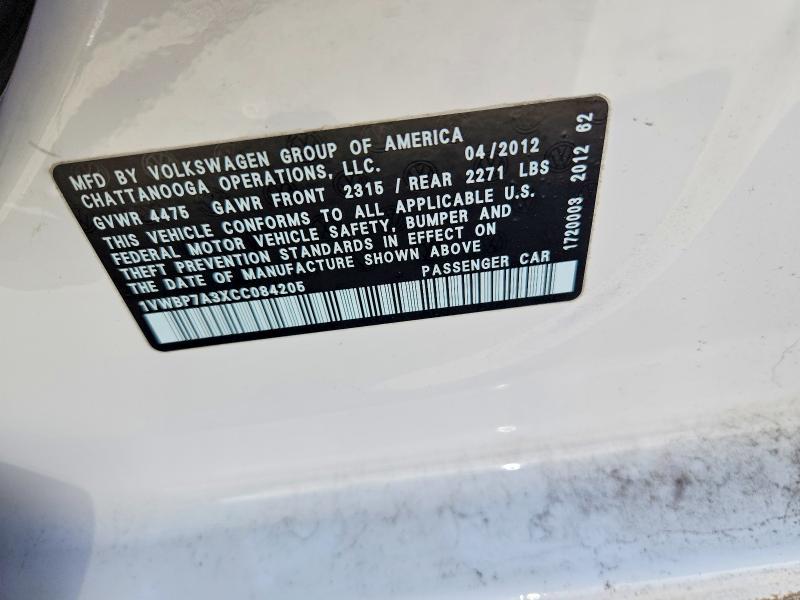 Aukcja sprzedaży 2012 Volkswagen Passat, vin: 1VWBP7A3XCC084205, numer aukcji: 51629956