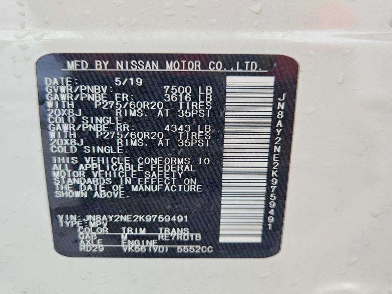 Aukcja sprzedaży 2019 Nissan Armada, vin: JN8AY2NE2K9759491, numer aukcji: 54718796