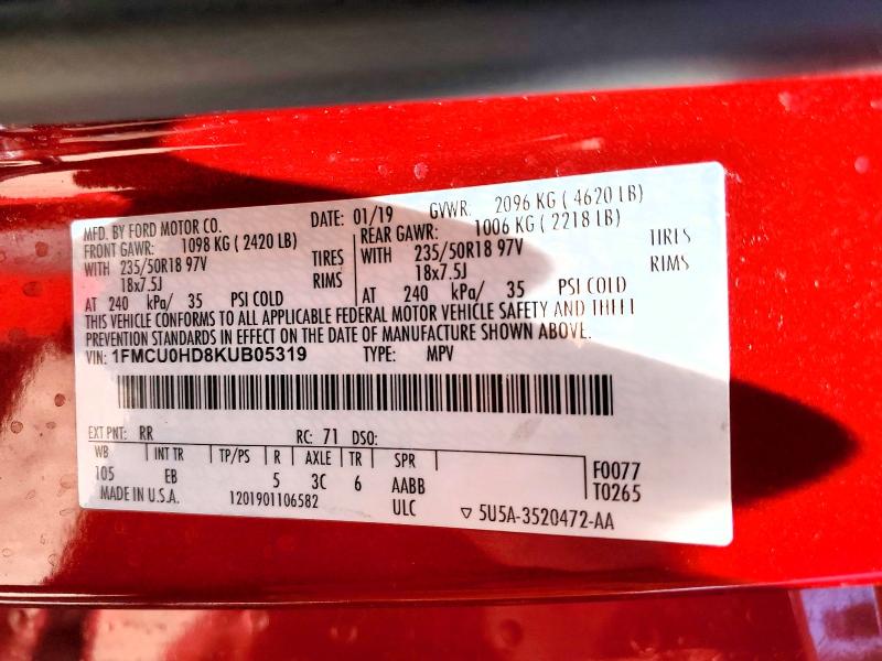 Продаж на аукціоні авто 2019 Ford Escape, vin: 1FMCU0HD8KUB05319, номер лоту: 54209856