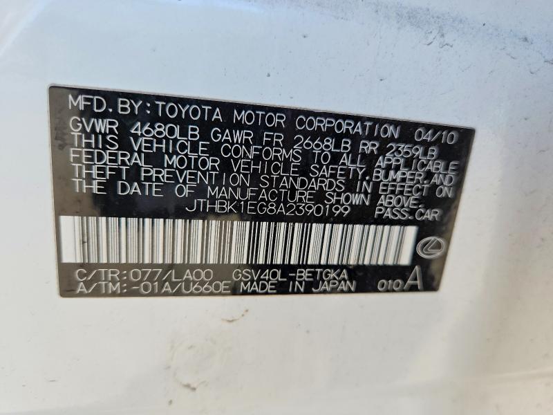 Aukcja sprzedaży 2010 Lexus Es, vin: JTHBK1EG8A2390199, numer aukcji: 53962616