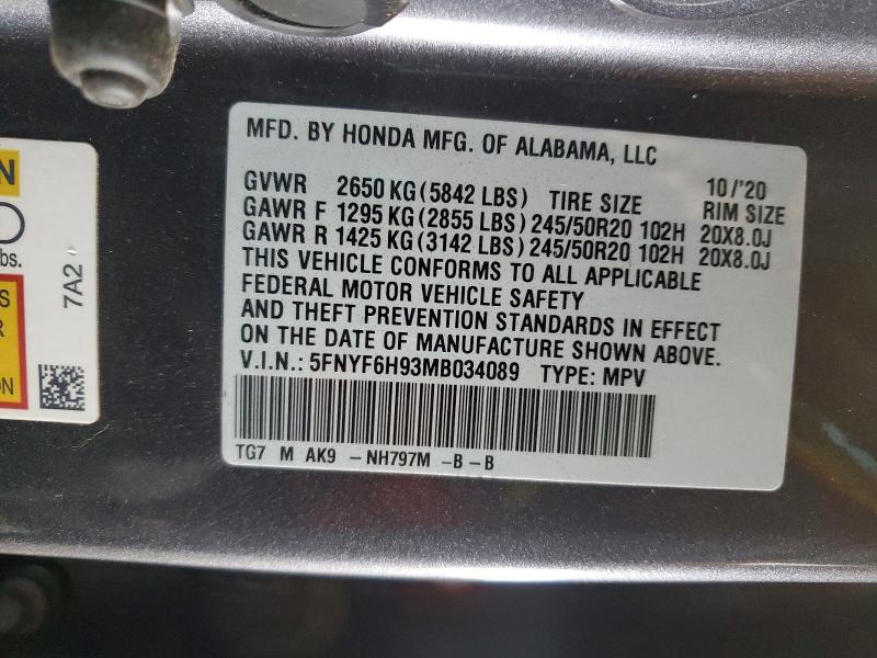 51187086 :رقم المزاد ، 5FNYF6H93MB034089 vin ، 2021 Honda Pilot مزاد بيع