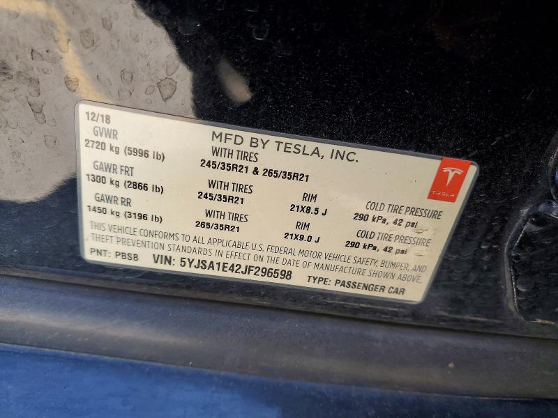 54095086 :رقم المزاد ، 5YJSA1E42JF296598 vin ، 2018 Tesla Model S مزاد بيع