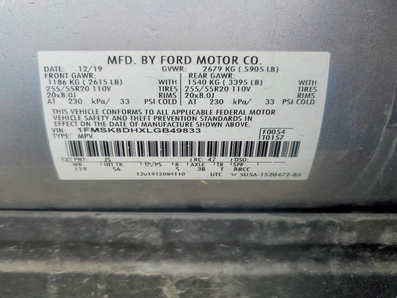 2020 Ford Explorer მანქანა იყიდება აუქციონზე, vin: 1FMSK8DHXLGB49833, აუქციონის ნომერი: 52052526
