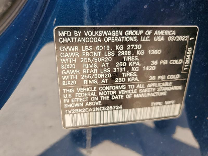 53347396 :رقم المزاد ، 1V2BR2CA2NC528724 vin ، 2022 Volkswagen Atlas مزاد بيع