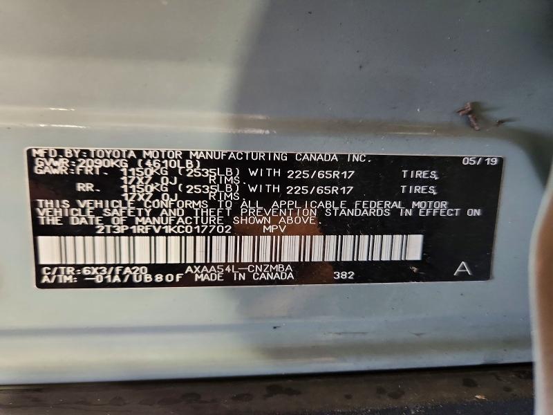 Продаж на аукціоні авто 2019 Toyota Rav4, vin: 2T3P1RFV1KC017702, номер лоту: 55075466