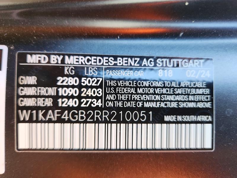 2024 Mercedes-benz C მანქანა იყიდება აუქციონზე, vin: W1KAF4GB2RR210051, აუქციონის ნომერი: 52922546