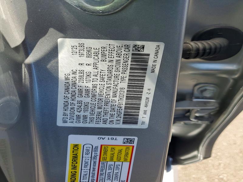52713706 :رقم المزاد ، 2HGFE4F81TH331316 vin ، 2026 Honda Civic مزاد بيع