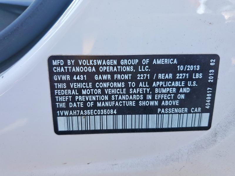 2014 Volkswagen Passat მანქანა იყიდება აუქციონზე, vin: 1VWAH7A35EC035084, აუქციონის ნომერი: 52359856