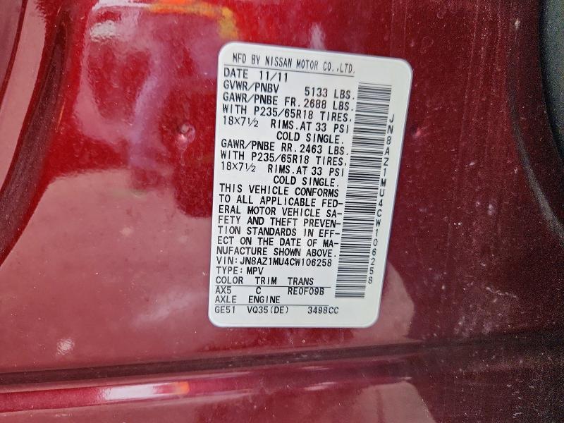 53446326 :رقم المزاد ، JN8AZ1MU4CW106258 vin ، 2012 Nissan Murano مزاد بيع