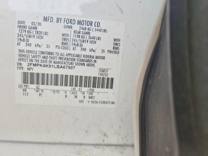 2020 Ford Edge მანქანა იყიდება აუქციონზე, vin: 2FMPK4K91LBA67507, აუქციონის ნომერი: 52524646