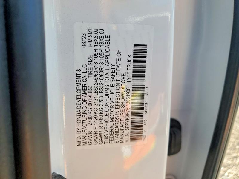 2023 Honda Ridgeline მანქანა იყიდება აუქციონზე, vin: 5FPYK3F76PB051900, აუქციონის ნომერი: 53383156