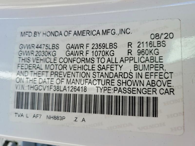 2020 Honda Accord მანქანა იყიდება აუქციონზე, vin: 1HGCV1F38LA126418, აუქციონის ნომერი: 52938146