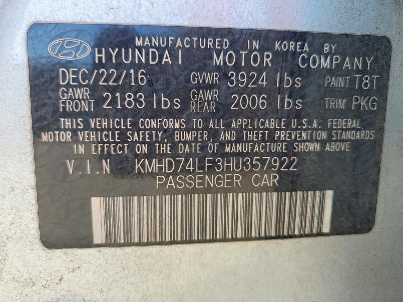 2017 Hyundai Elantra მანქანა იყიდება აუქციონზე, vin: KMHD74LF3HU357922, აუქციონის ნომერი: 52678276