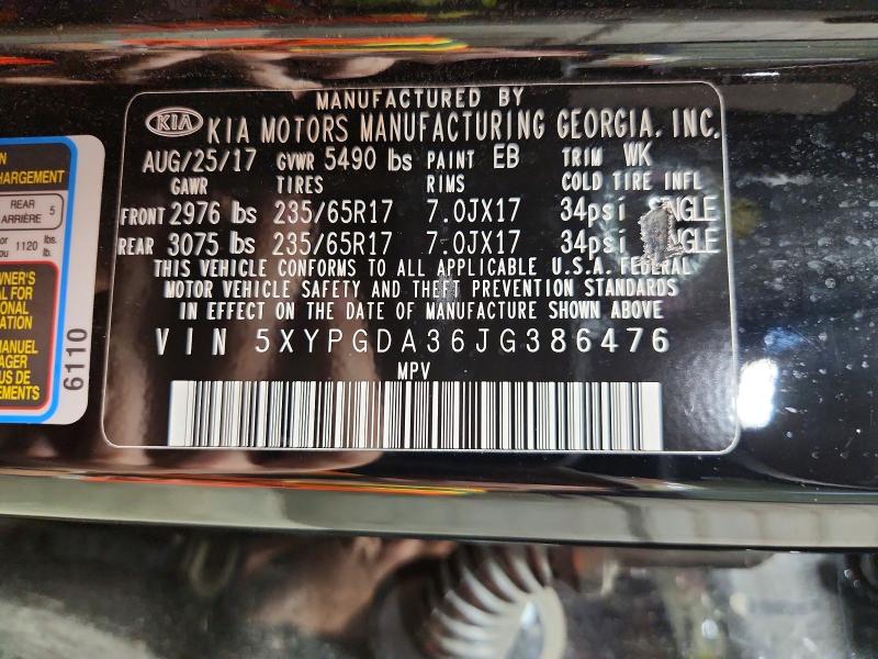 53843426 :رقم المزاد ، 5XYPGDA36JG386476 vin ، 2018 Kia Sorento مزاد بيع