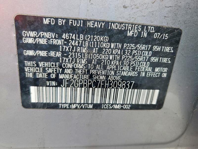 Aukcja sprzedaży 2015 Subaru Xv Crosstrek, vin: JF2GPBPC7FH309837, numer aukcji: 54873346