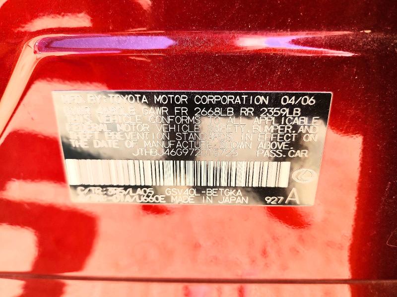 Продаж на аукціоні авто 2007 Lexus Es, vin: JTHBJ46G972015725, номер лоту: 53644776