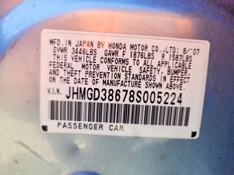 53896726 :رقم المزاد ، JHMGD38678S005224 vin ، 2008 Honda Fit مزاد بيع