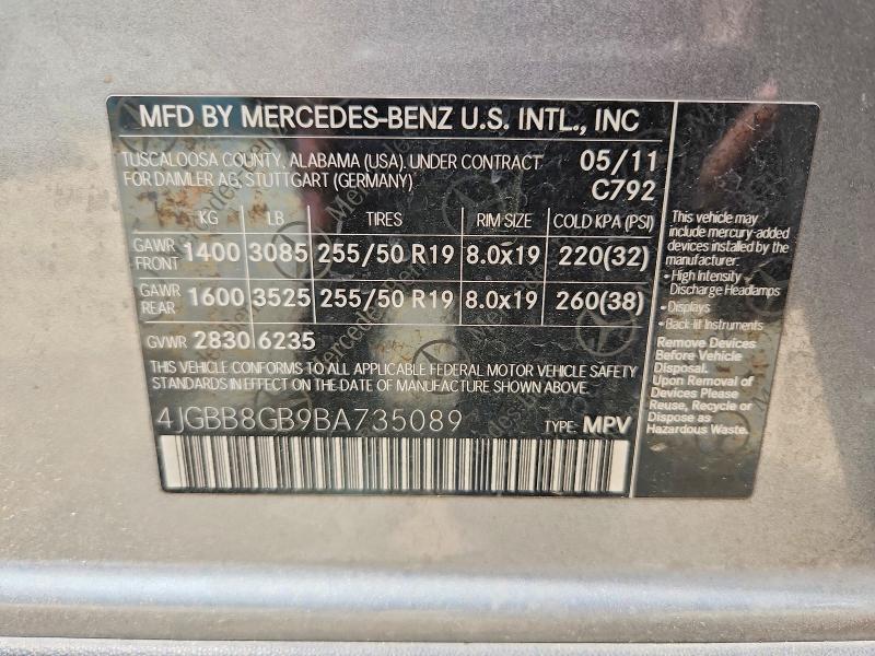 2011 Mercedes-benz Ml მანქანა იყიდება აუქციონზე, vin: 4JGBB8GB9BA735089, აუქციონის ნომერი: 52862766