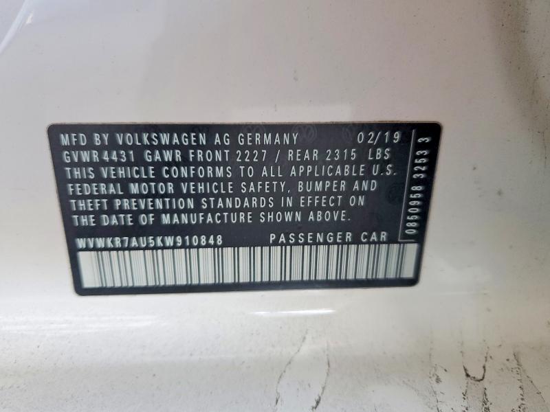 Auction sale of the 2019 Volkswagen E-golf, vin: WVWKR7AU5KW910848, lot number: 54008186