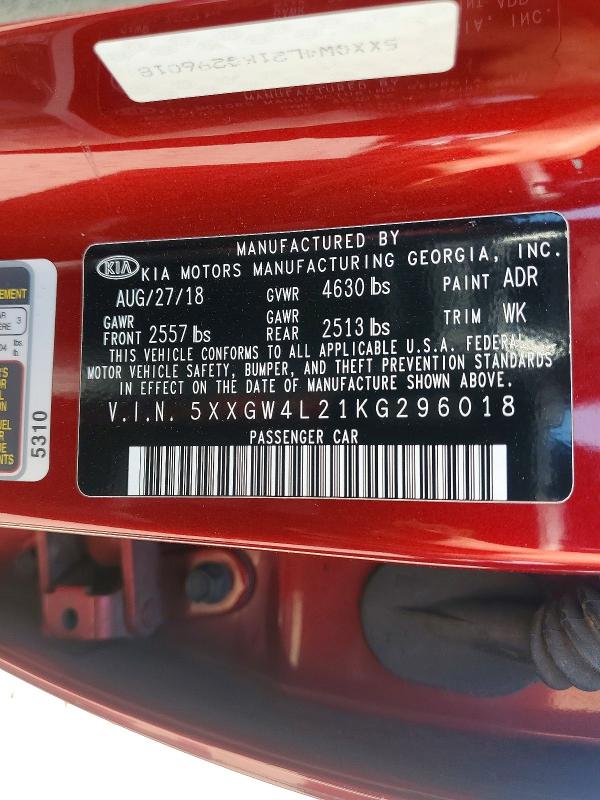 54081286 :رقم المزاد ، 5XXGW4L21KG296018 vin ، 2019 Kia Optima مزاد بيع